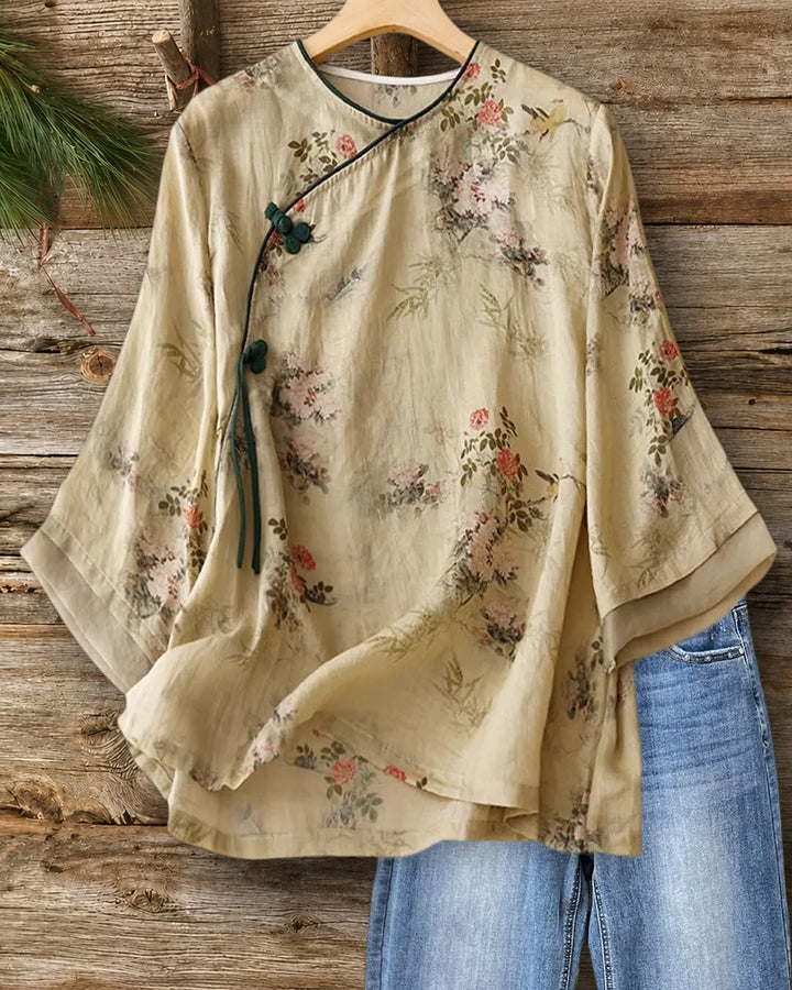 Floral Print Frog Button Slanted Placket 3/4 Sleeve Blouse