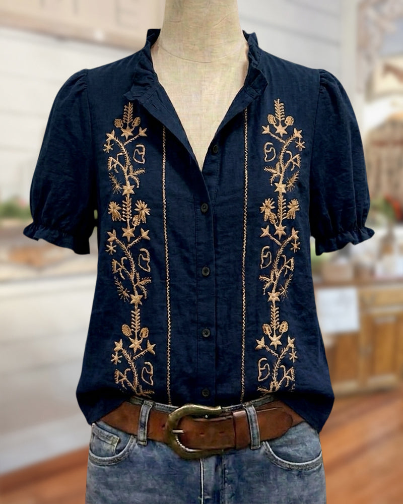 Embroidered Ruffle Collar Puff Sleeve Casual Button Down Blouse