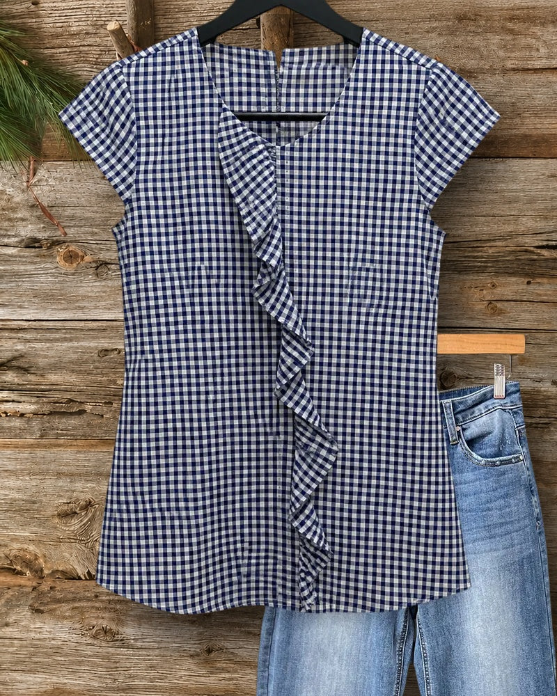 Gingham Ruffle Detail Cap Sleeve Flattering Blouse