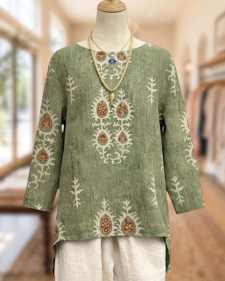 Loose Fit Ethnic Print High Low Hem 3/4 Sleeve Blouse