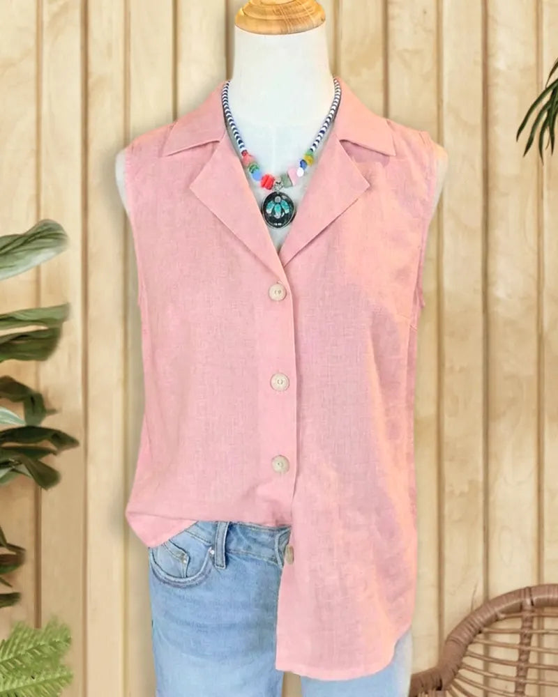Sleeveless Collared Button Front Asymmetrical Hem Casual Shirt