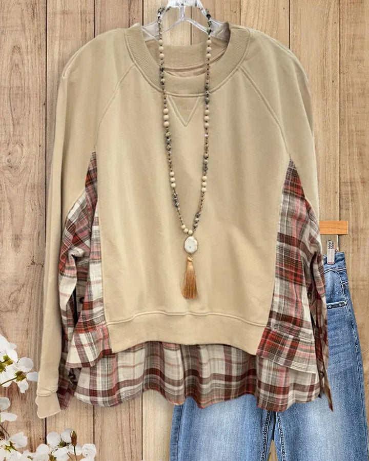 Plaid Contrast Panel Raglan Sleeve Crew Neck Sweatshirt