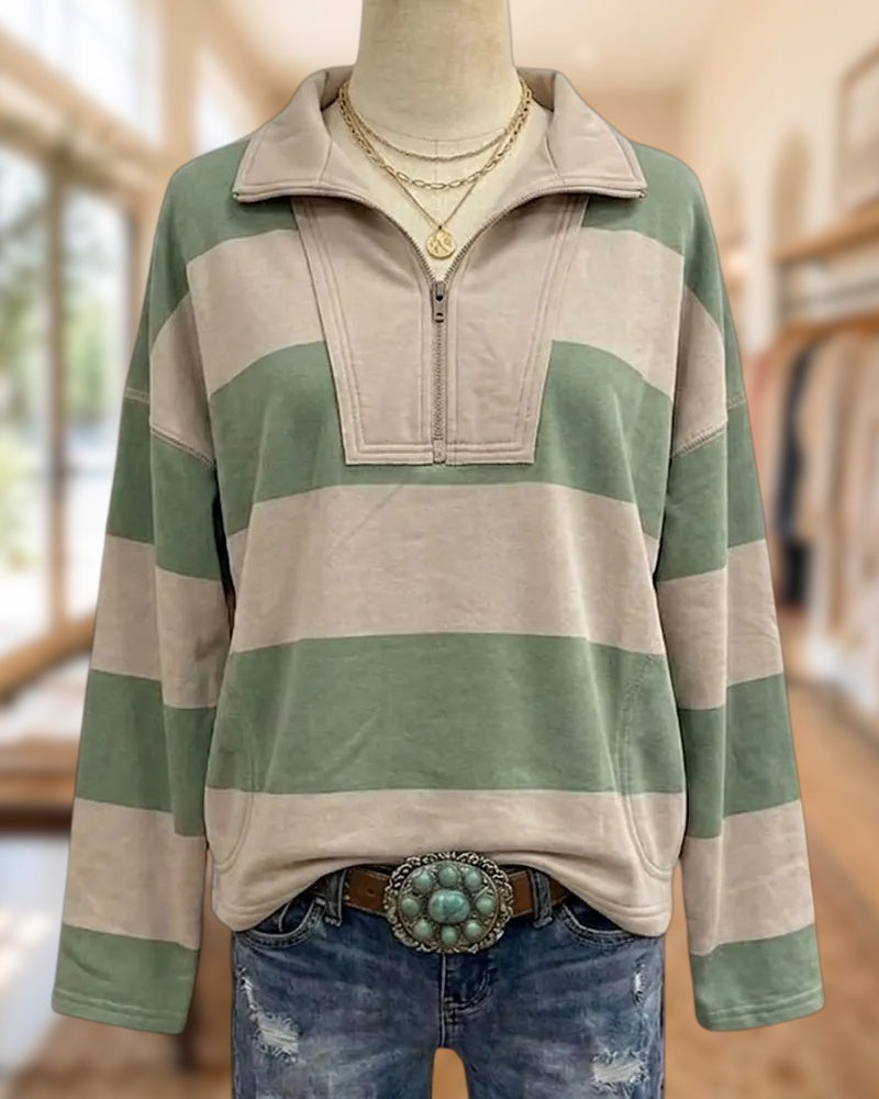 Half Zip Collared Striped Long Sleeve Casual Sweatshirt