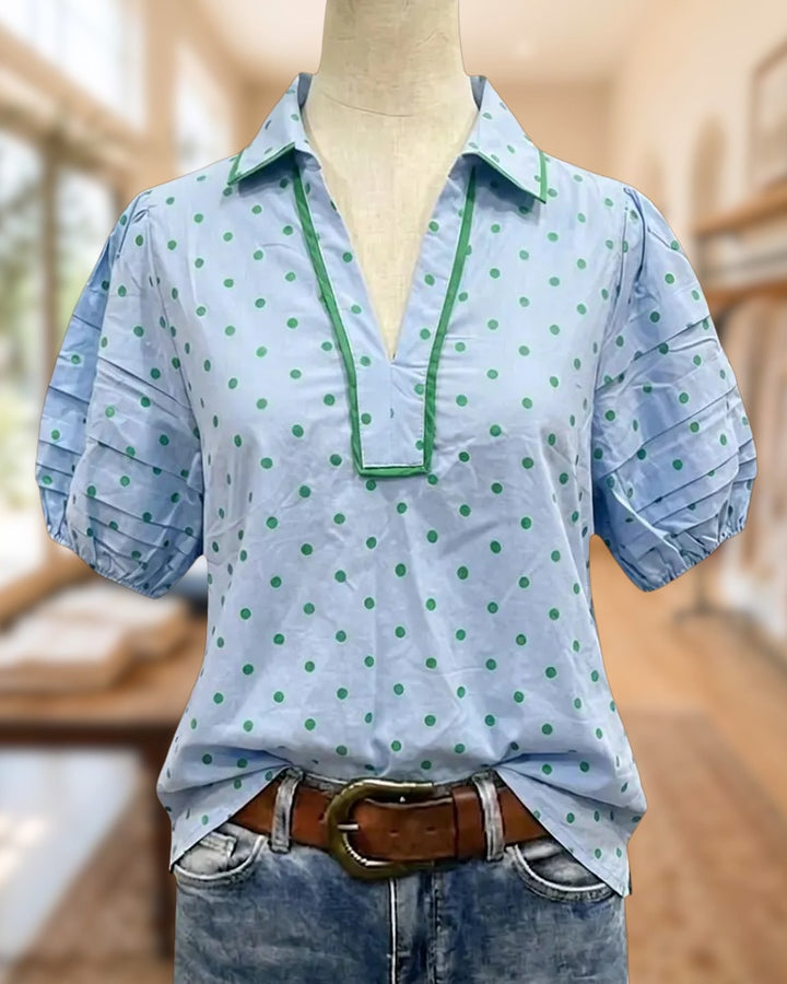 Polka Dot Collared Puff Sleeve Contrast Trim Casual Blouse