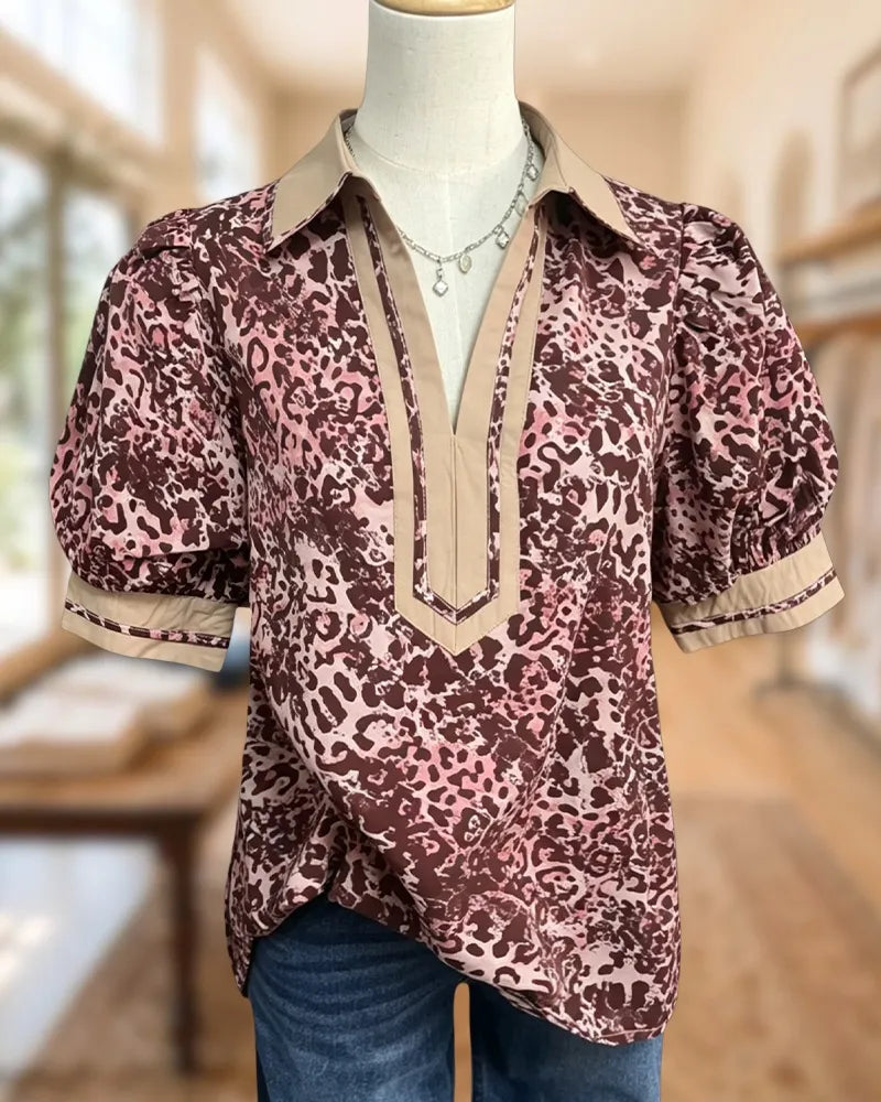 Leopard Print Puff Sleeve Collared Retro Blouse