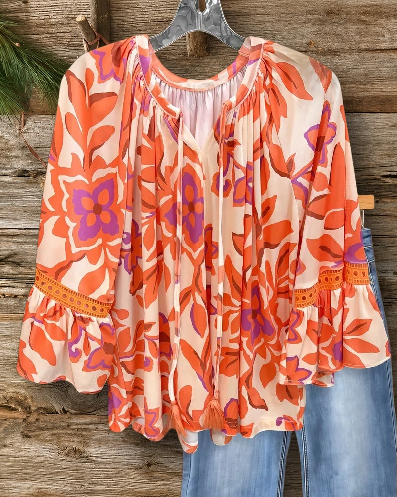 Floral Print Lacy Insert Floaty Ruffle Sleeve Blouse