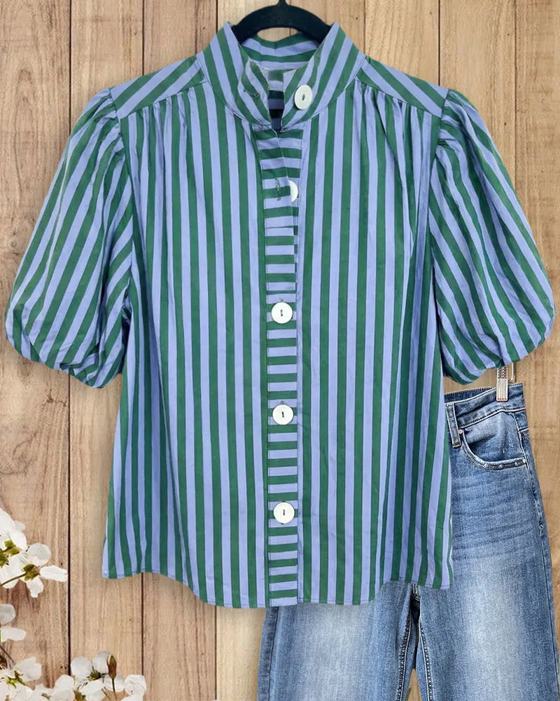 Stand Collar Puff Sleeve Button Front Casual Striped Blouse