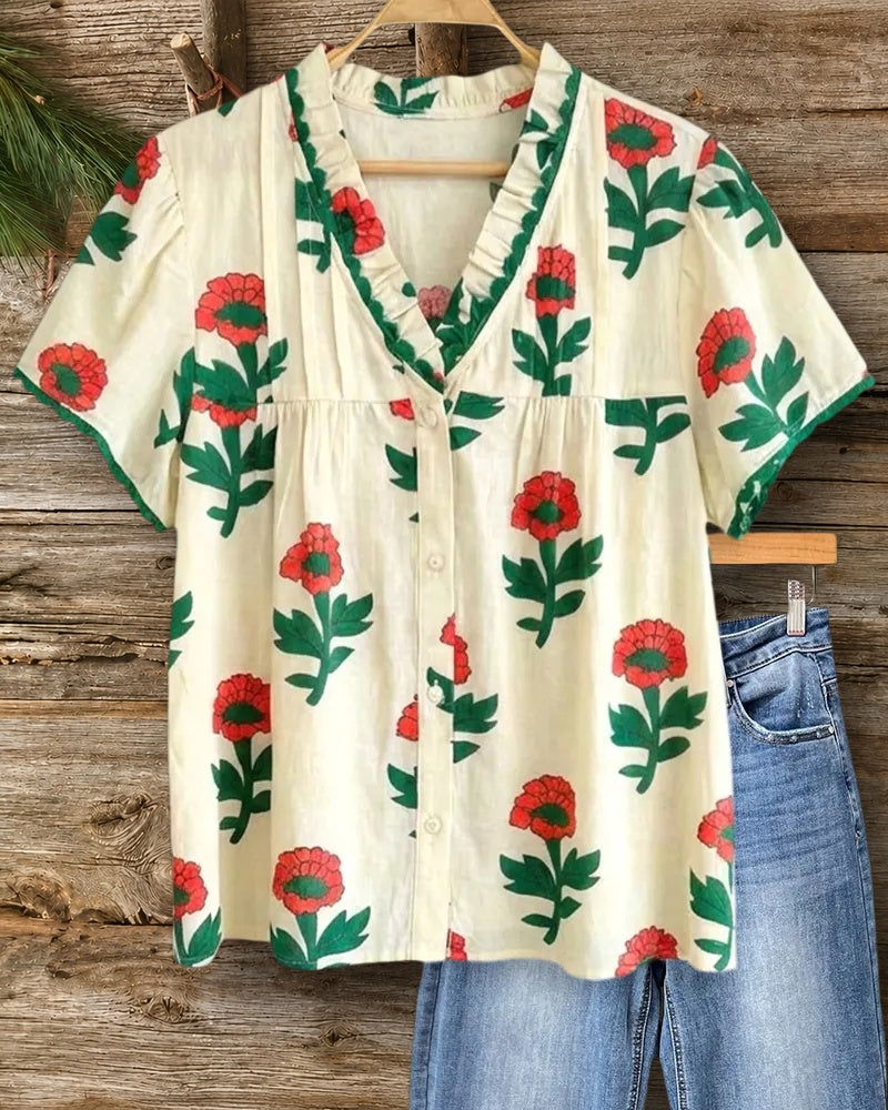 Floral Print Ruffle Trim V Neck Button Front Blouse