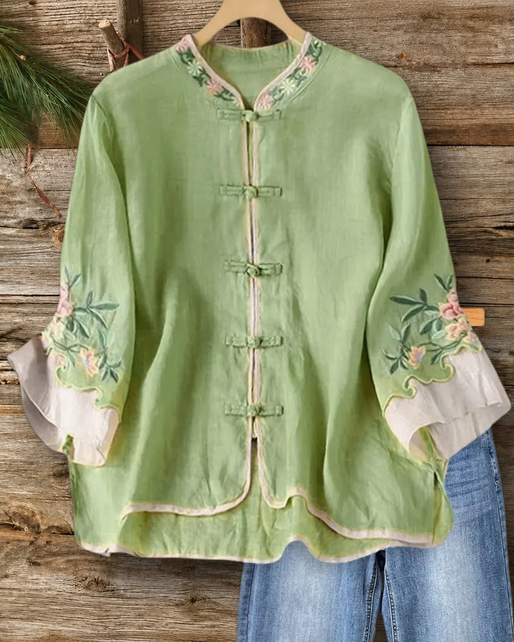 Mandarin Collar Frog Closure Embroidered Flare Cuff Blouse