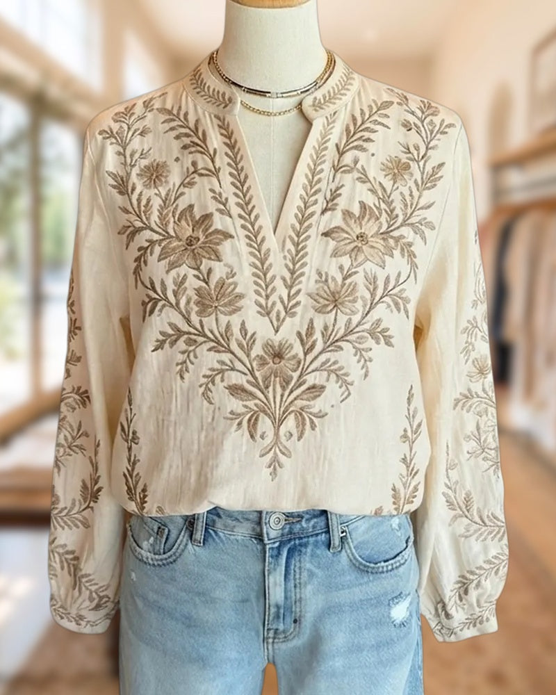 Floral Embroidered Mandarin Collar Long Sleeve Relaxed Blouse