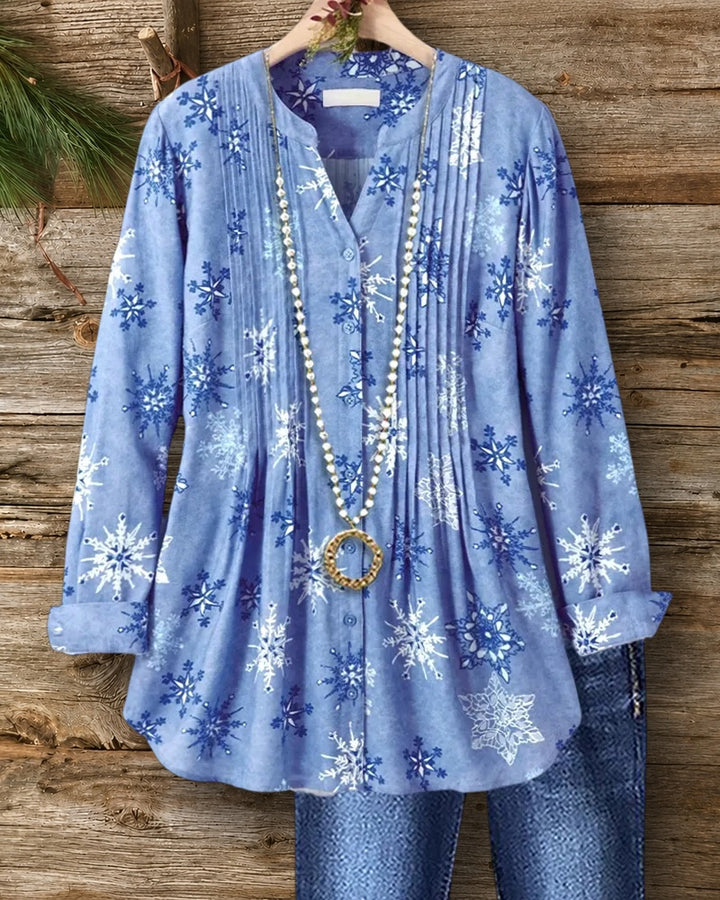 Snowflake Print Pleated Front Button Blouse
