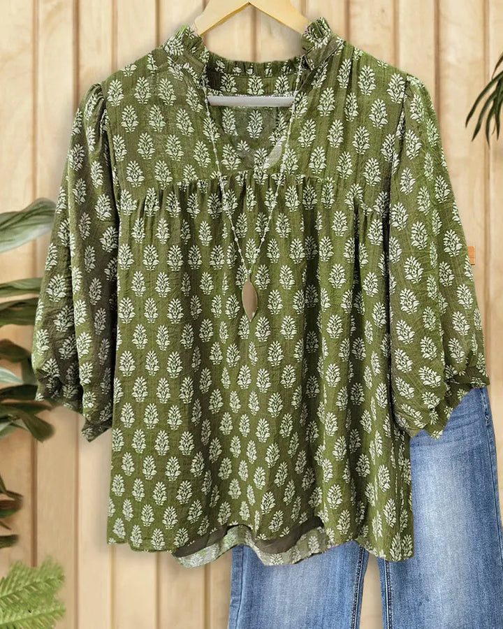 Floral Print V Neck Puff Sleeve Relaxed Blouse