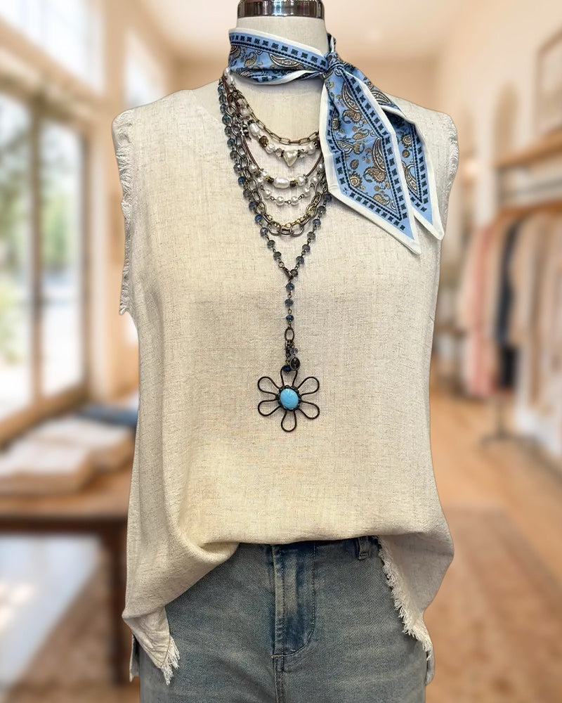 Tassels Trim Sleeveless Round Neck Casual Top