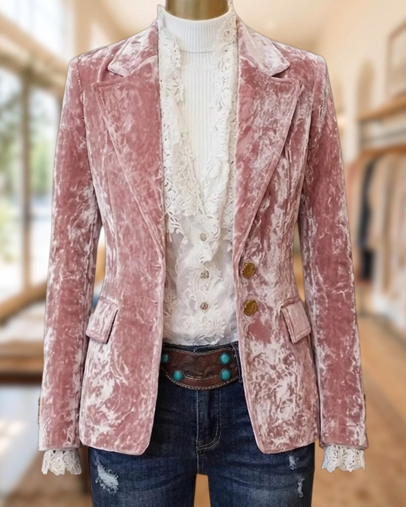 Velvet Notched Lapel Two Button Flap Pocket Long Sleeve Blazer