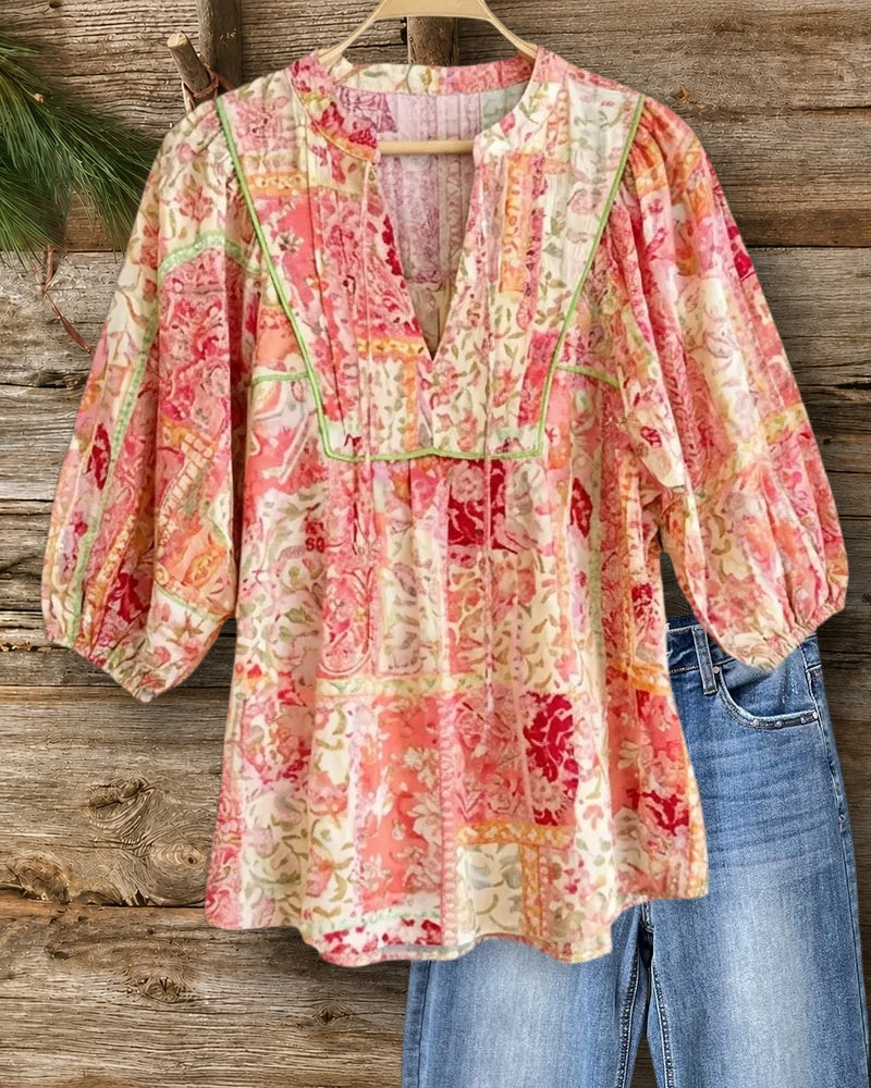 Floral Patchwork Puff Sleeve V Neck Contrast Trim Loose Blouse