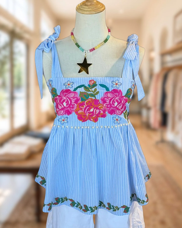 Tie Shoulder Strap Embroidered Peplum Square Neck Casual Top