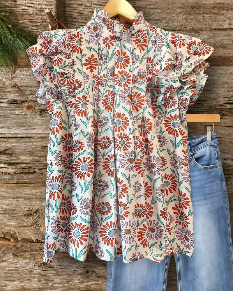 Floral Print Rocking Pleated Ruffled Blouse