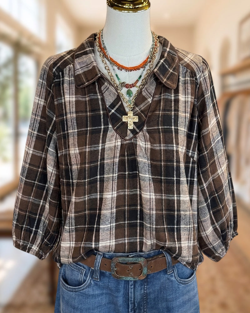 Collared Plaid V-neck 3/4 Sleeve Gathered Cuff Relaxed Blouse