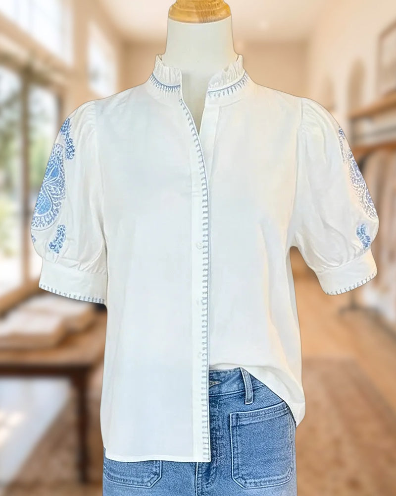 Floral Embroidery Elegant Puff Sleeve Button Up Blouse