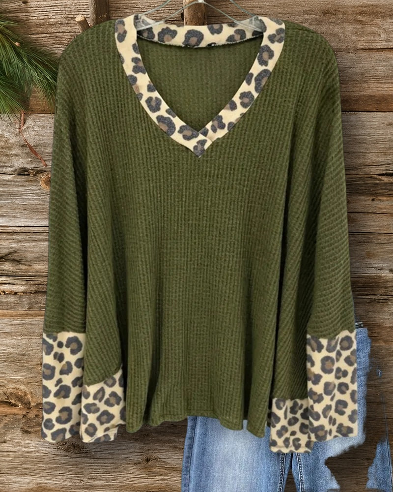 V Neck Leopard Trim Waffle Knit Top