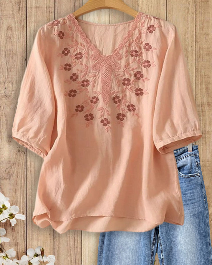 V Neck Floral Embroidered Half Sleeve High Low Hem Blouse