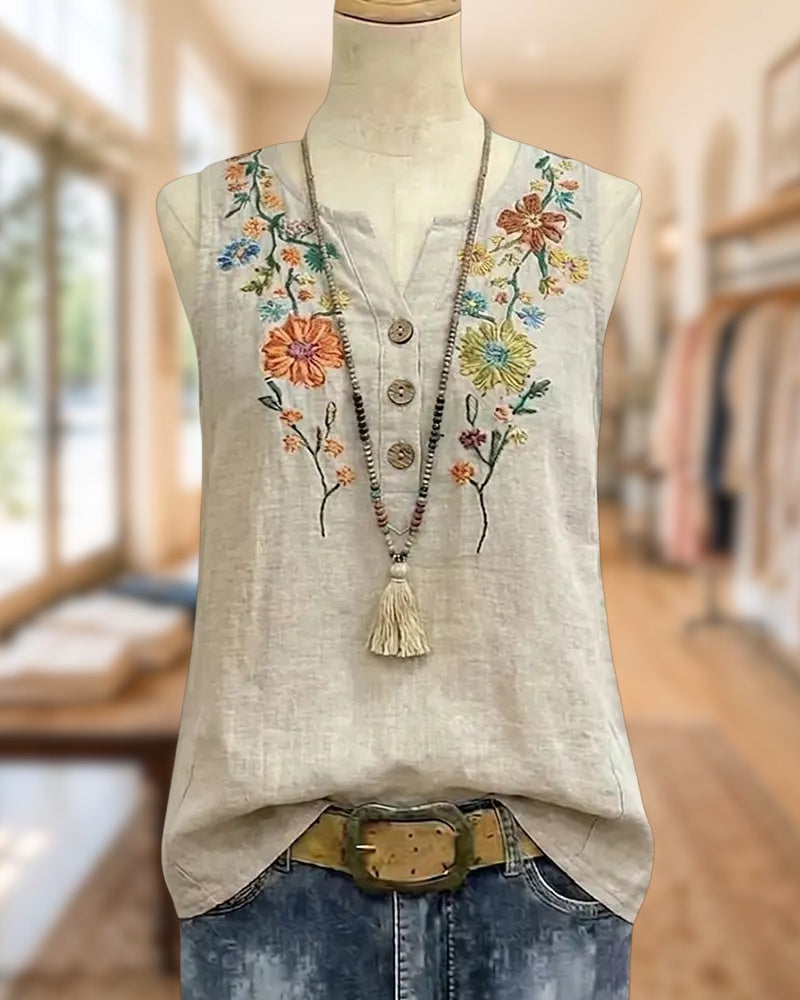 Floral Embroidery Button Front V-Neck Sleeveless Casual Top