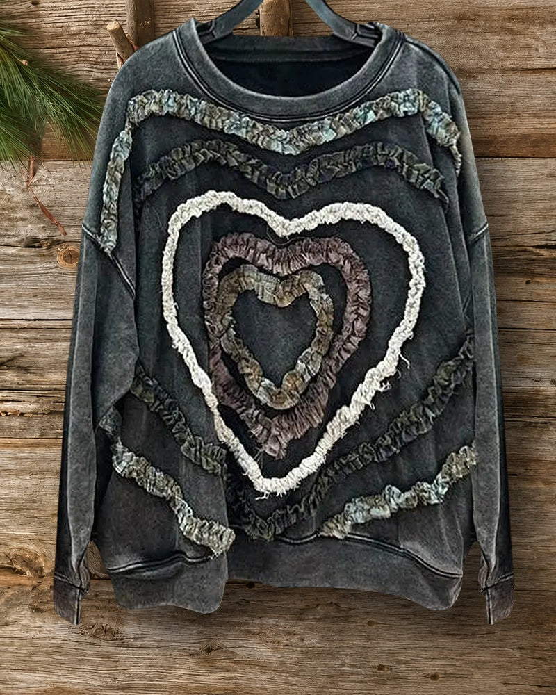Color Block Ruffles Trim Heart Pattern Playful Sweatshirt