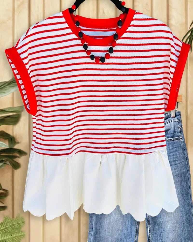 Striped Round Neck Scalloped Peplum Girly Blouse