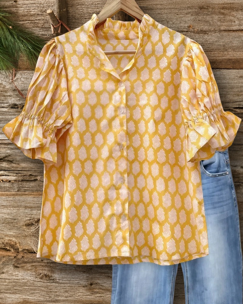 Floral Print Sweet Puff Sleeve Button Up Blouse