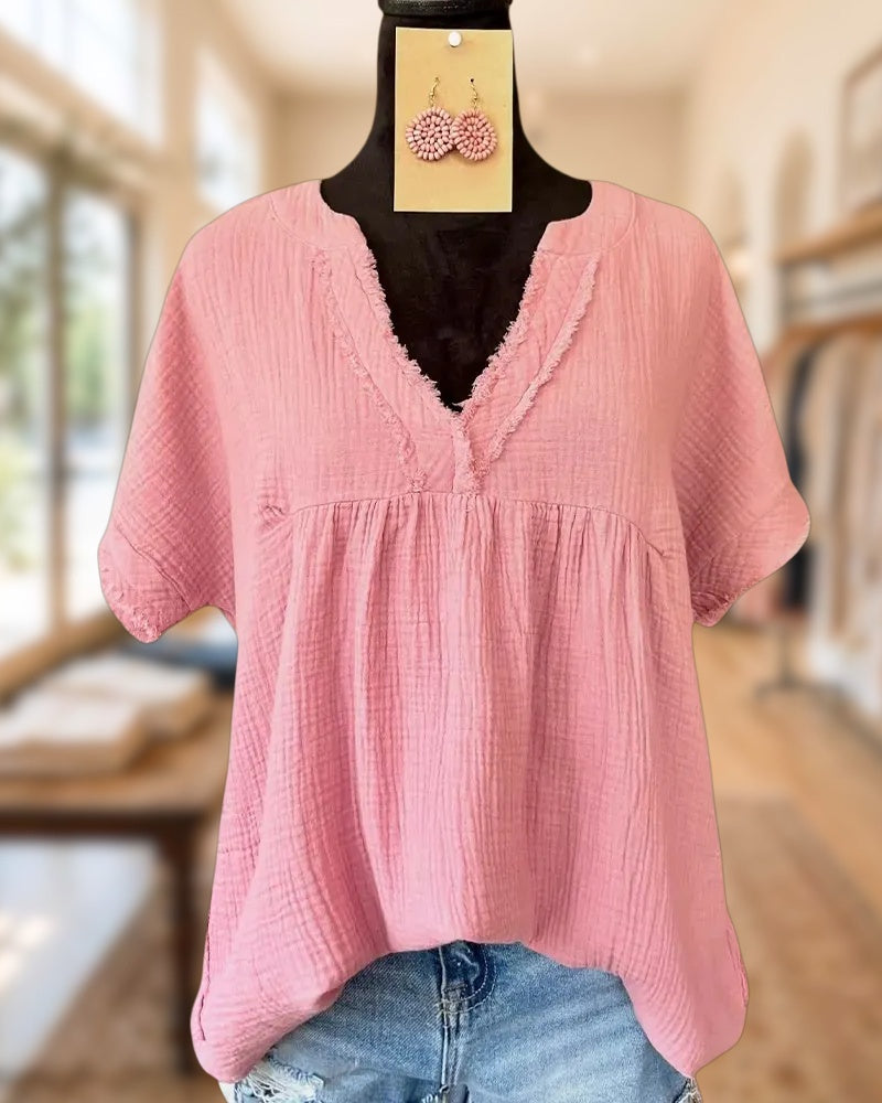 Frayed Trim Solid Color V Neck Short Sleeve Casual Blouse