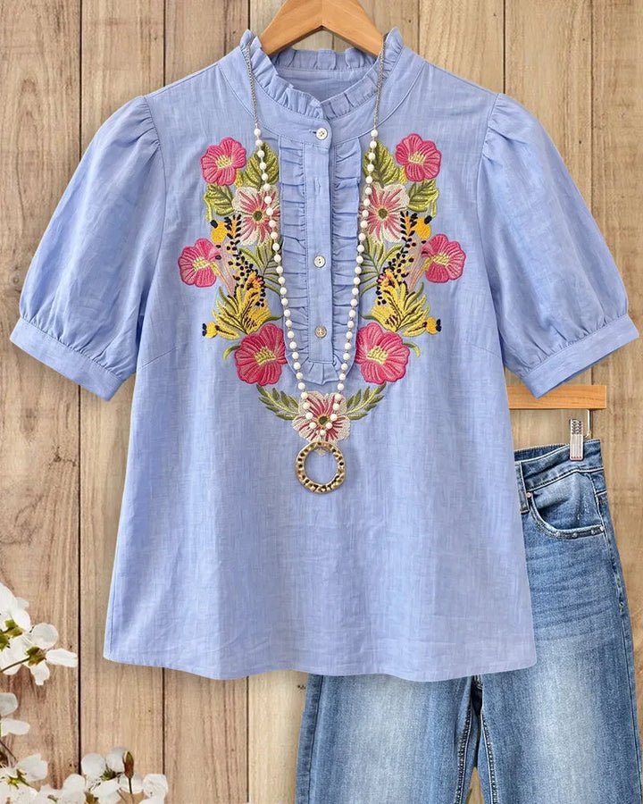 Floral Embroidered Puff Sleeve Ruffled Decor Chic Blouse