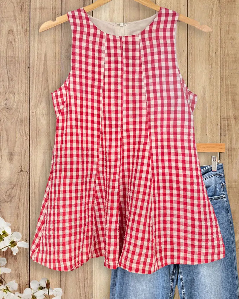 Sleeveless Round Neck Gingham Daily Tank Top