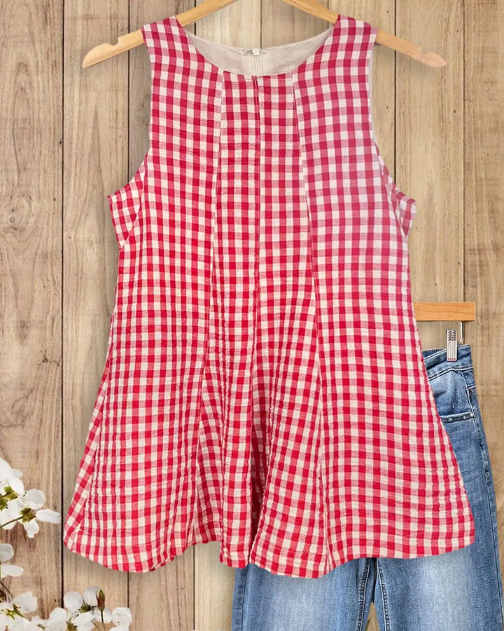 Sleeveless Round Neck Gingham Daily Tank Top