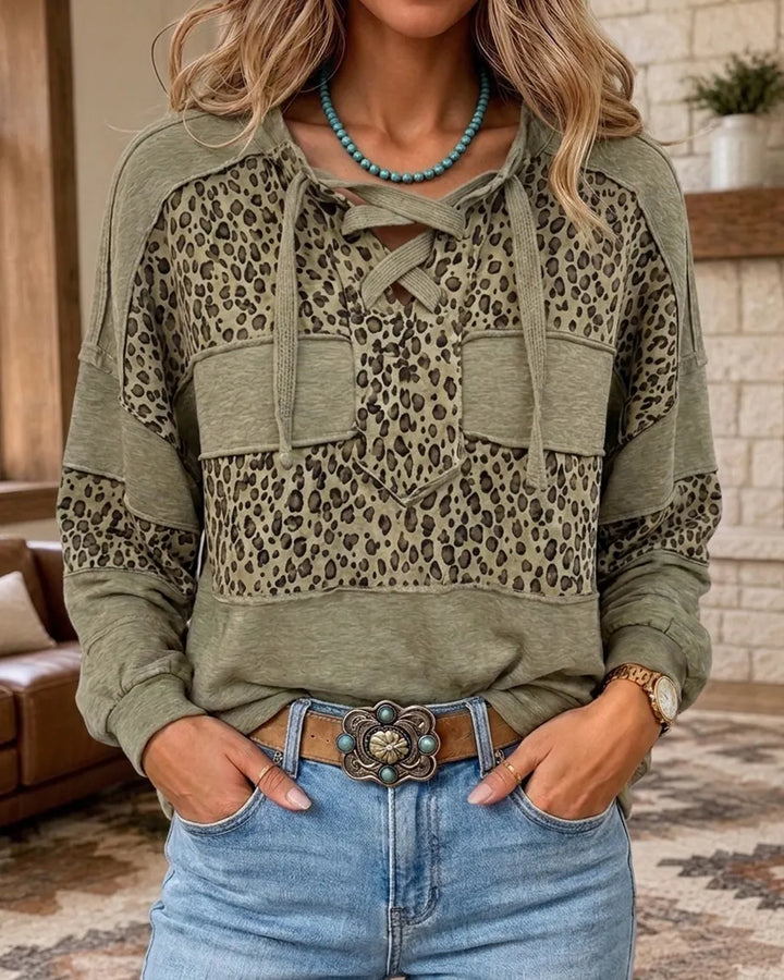 Lace Up Neck Leopard Patch Pocket Loose Casual Sweatshirt