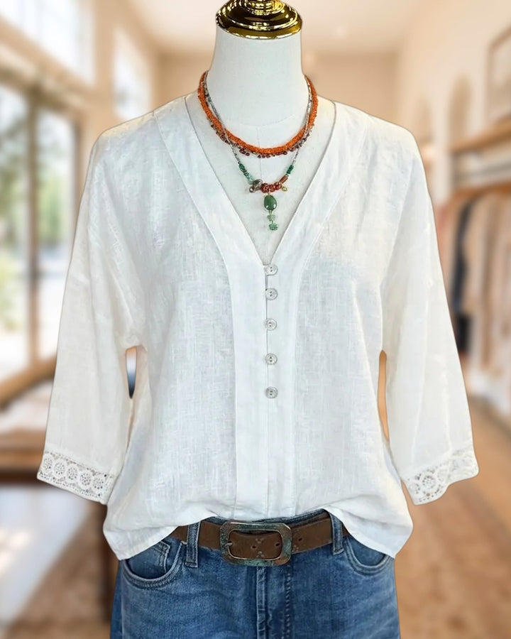 V Neck Button Front Lace Trim 3/4 Sleeve Blouse