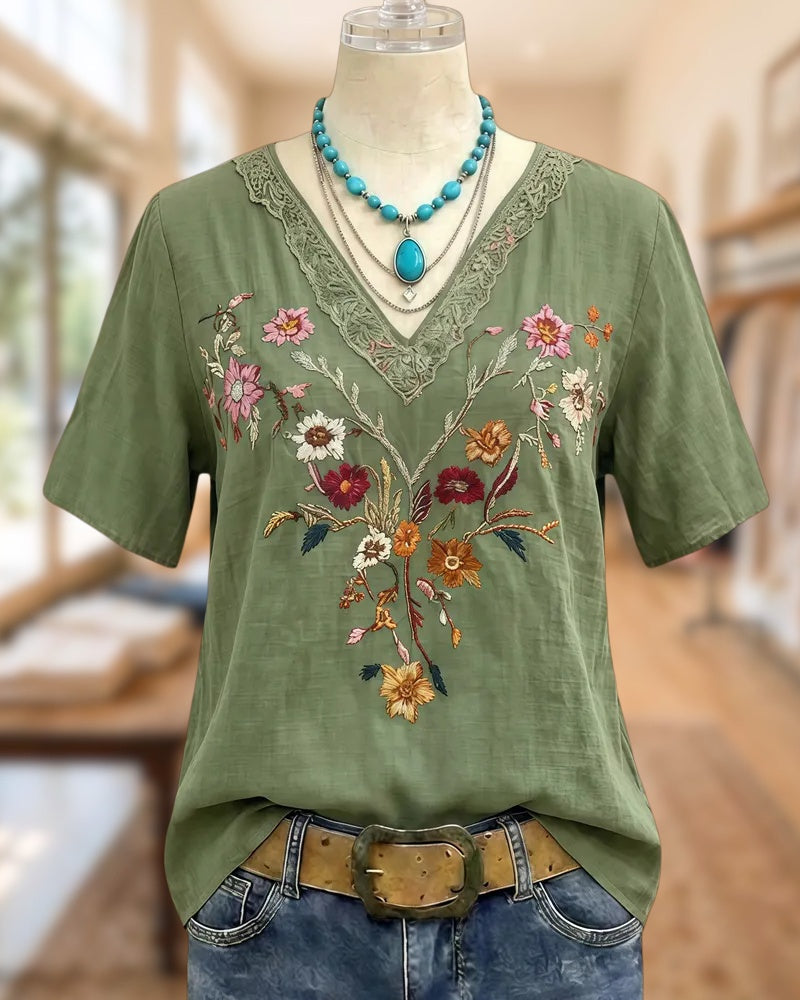 Floral Embroidery Elegant V Neck Blouse