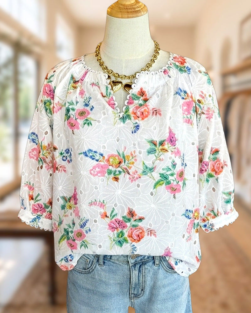 Floral Eyelet V Neck Chic Scalloped Trim Blouse