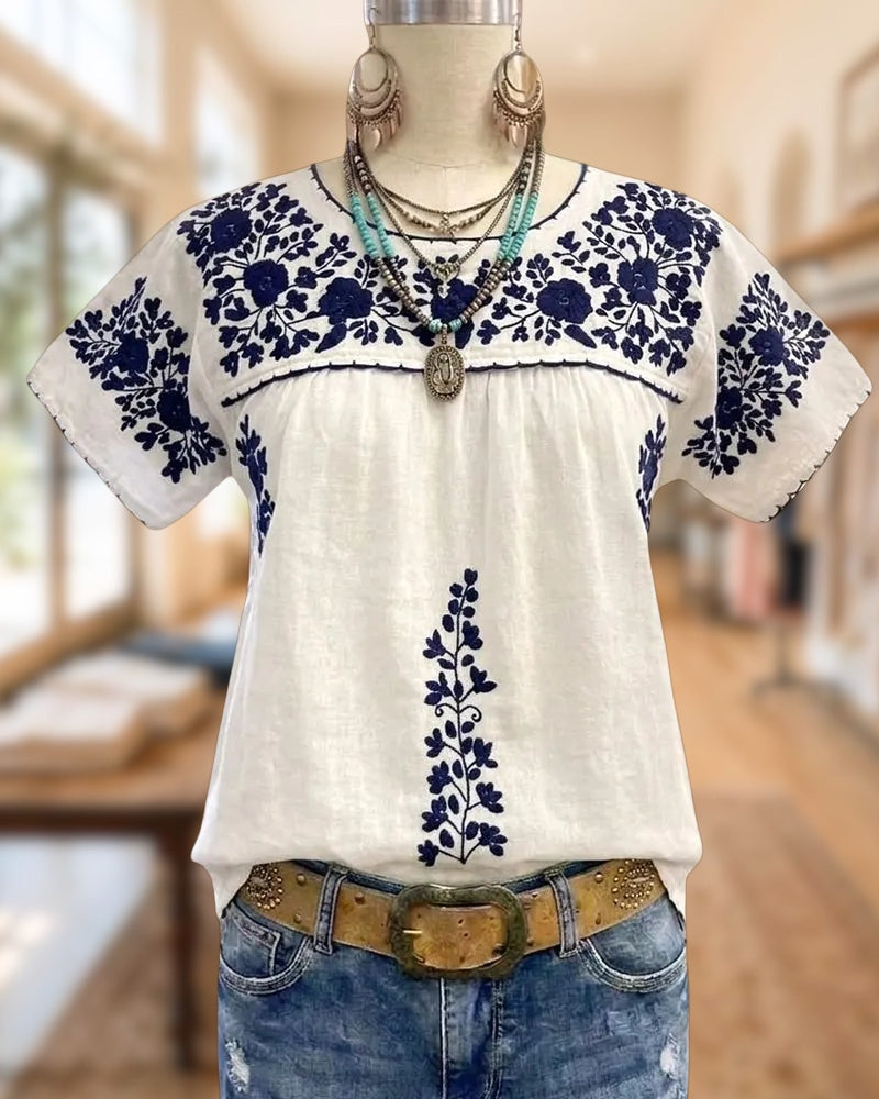 Floral Embroidered Short Sleeve Gathered Bust Loose Casual Blouse