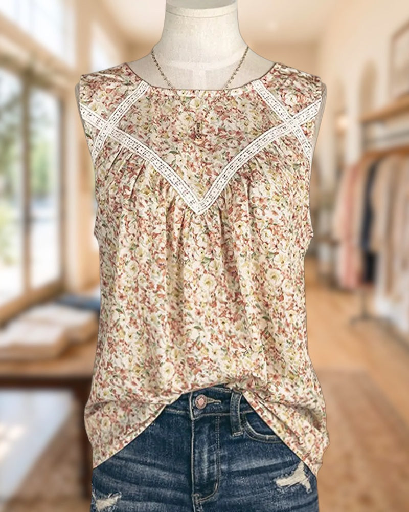 Floral Print Lace Trim Ruched Sleeveless Casual Tank Top