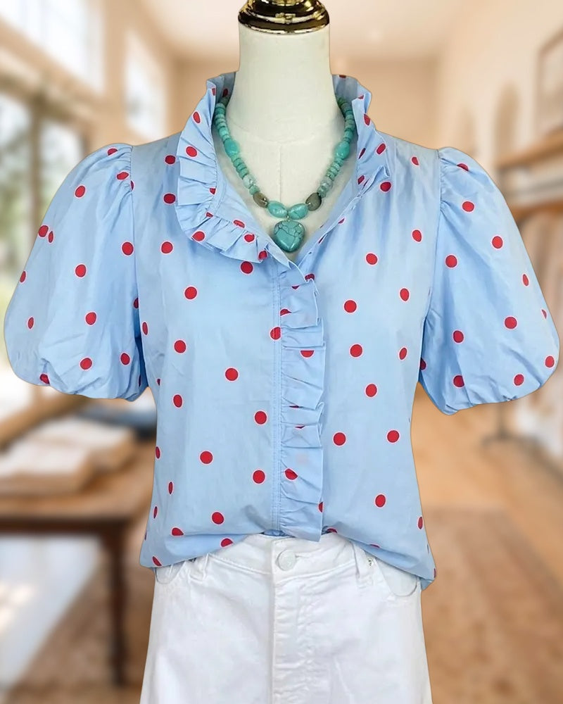 Ruffle Trim Puff Sleeve Polka Dot Blouse