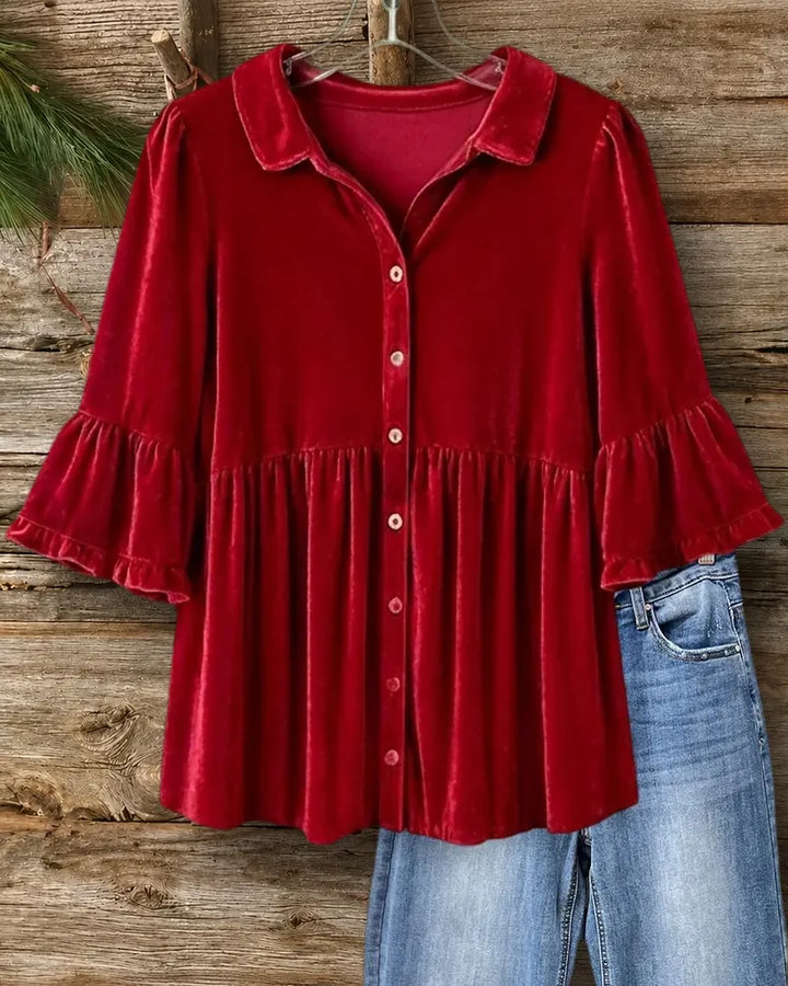 Collared Button Front Ruffled Sleeve Gathered Waist Casual Blouse