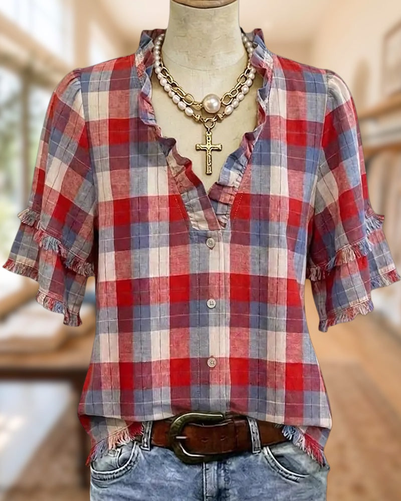 Plaid Ruffle Trim V Neck Button Front Casual Blouse