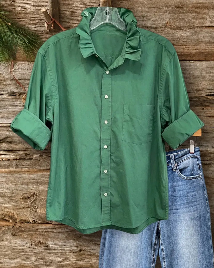 Ruffled Collar Button Down Chest Pocket Relaxed Fit Shirt