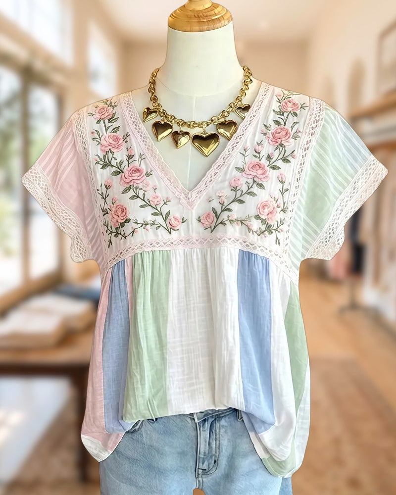 V Neck Floral Embroidered Lace Trim Striped Loose Blouse