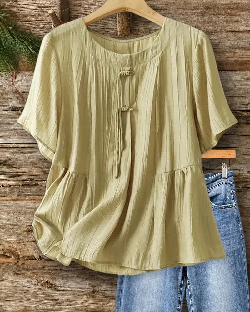 Solid Color Frog Button Short Sleeve Peplum Casual Blouse