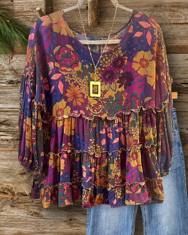 Floral Print Cute Babydoll Tiered Blouse