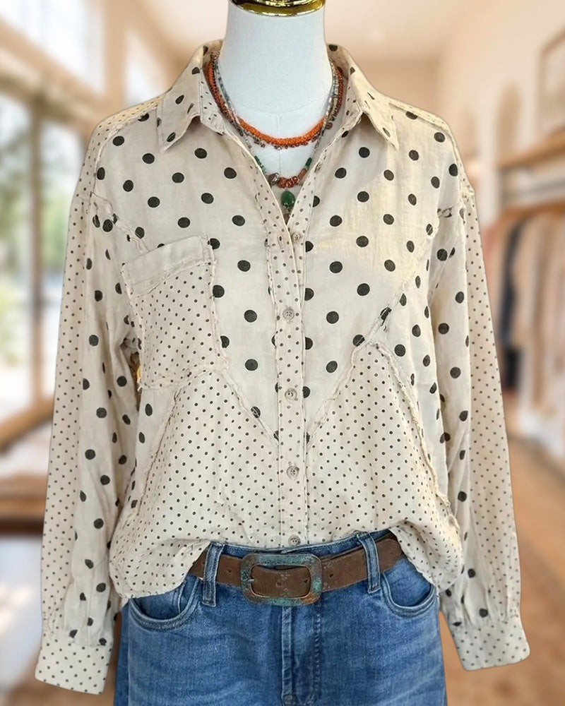Polka Dot Patchwork Frayed Edge Button Down Collared Shirt