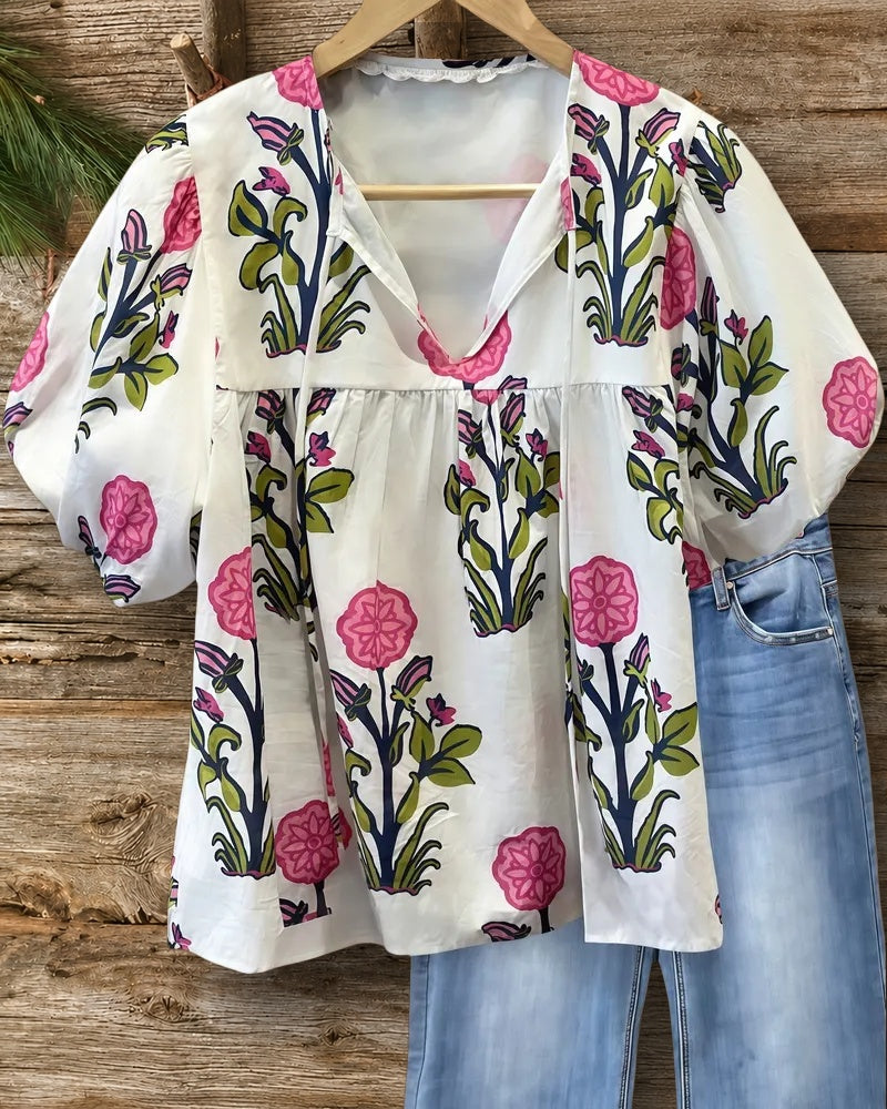 Floral Print Puff Sleeve Tie Neck Girly Blouse