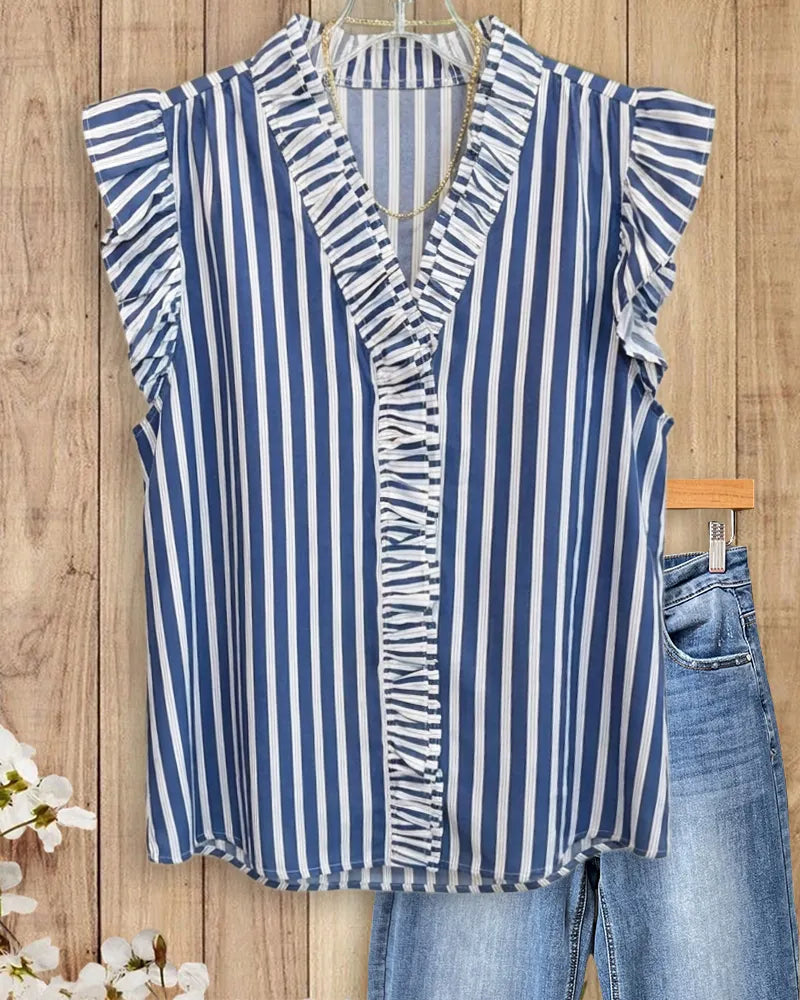 Ruffle Trim V Neck Striped Flutter Sleeve Casual Blouse