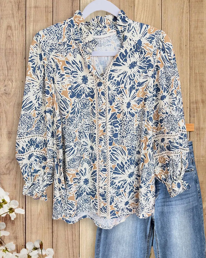 Floral Print Lace Trim Puff Sleeve Relaxed Fit Blouse